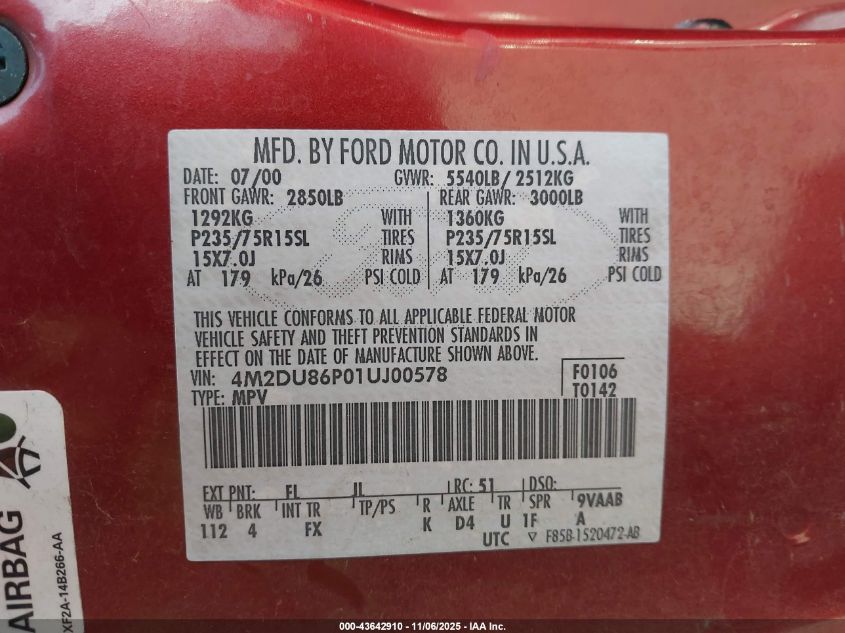 2001 Mercury Mountaineer VIN: 4M2DU86P01UJ00578 Lot: 43642910