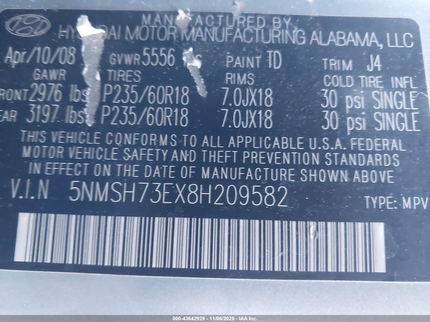 5NMSH73EX8H209582 2008 HYUNDAI SANTA FE photo no. 9