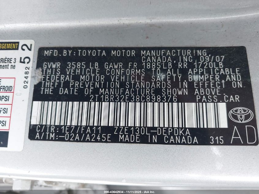 2008 Toyota Corolla Ce VIN: 2T1BR32E38C898376 Lot: 43642934