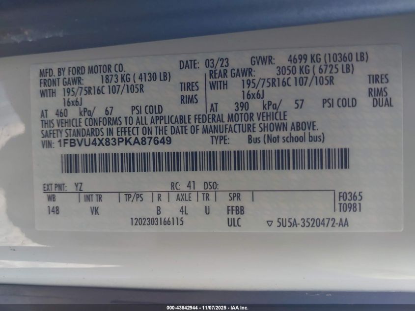 2023 Ford Transit-350 Passenger Van Xl VIN: 1FBVU4X83PKA87649 Lot: 43642944