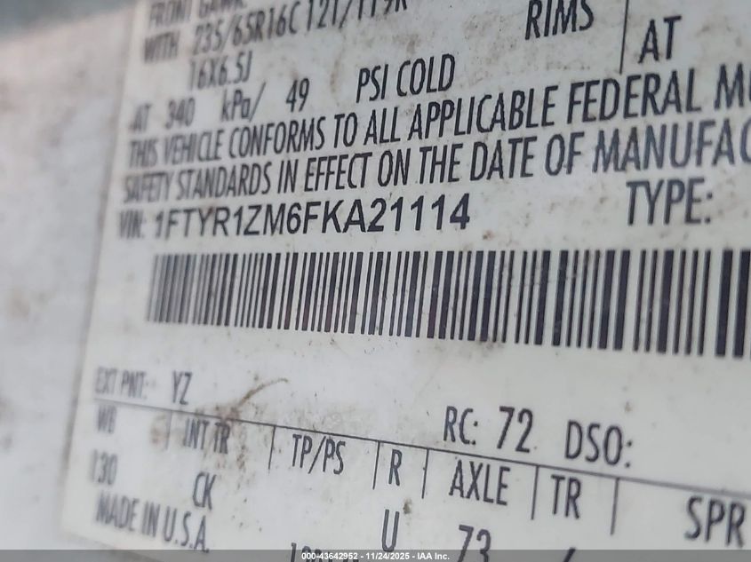 2015 Ford Transit-250 VIN: 1FTYR1ZM6FKA21114 Lot: 43642952