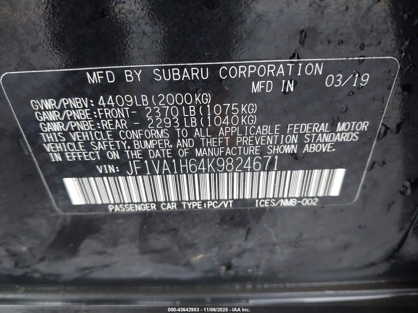 2019 SUBARU WRX LIMITED JF1VA1H64K9824671