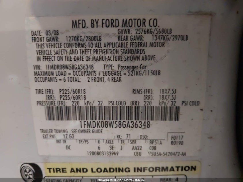 2008 Ford Taurus X Eddie Bauer VIN: 1FMDK08W58GA36348 Lot: 43642963