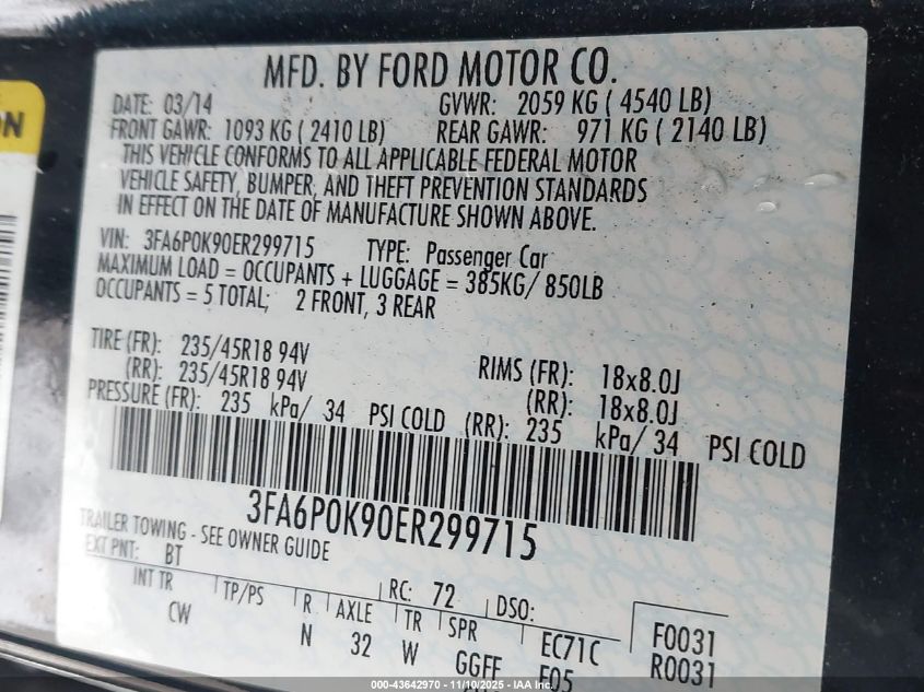 2014 Ford Fusion Titanium VIN: 3FA6P0K90ER299715 Lot: 43642970