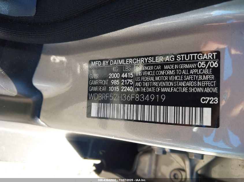 2006 Mercedes-Benz C 230 Sport VIN: WDBRF52H36F834919 Lot: 43642980