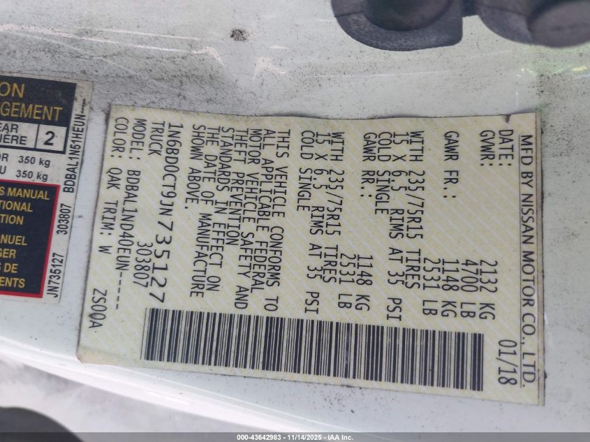 2018 Nissan Frontier S VIN: 1N6BD0CT9JN735127 Lot: 43642983