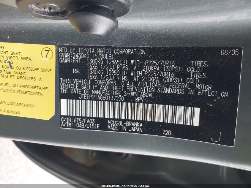 2006 Toyota Highlander V6 VIN: JTEEP21A860137230 Lot: 43642986