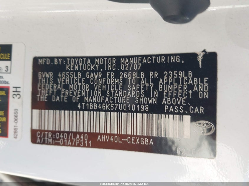 4T1BB46K57U010198 2007 TOYOTA CAMRY photo no. 9