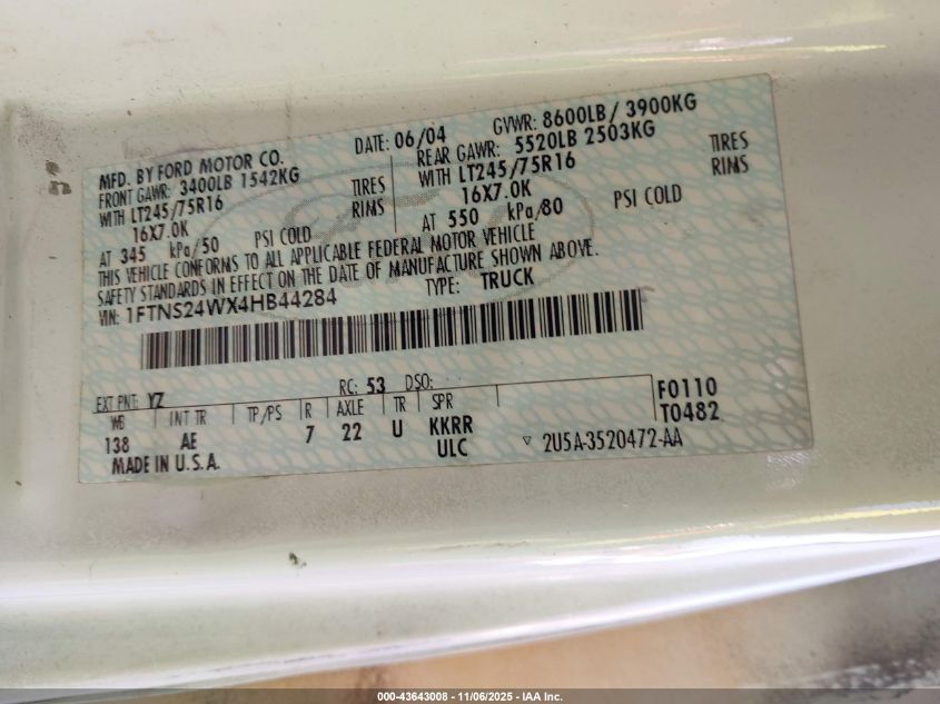 2004 Ford E-250 VIN: 1FTNS24WX4HB44284 Lot: 43643008