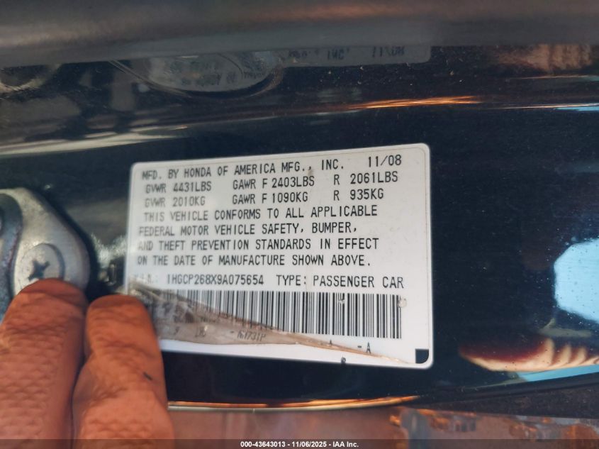 2009 Honda Accord 2.4 Ex-L VIN: 1HGCP268X9A075654 Lot: 43643013