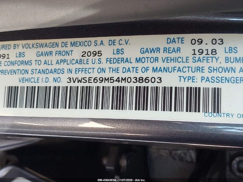 2004 Volkswagen Jetta Gls 1.8T VIN: 3VWSE69M54M038603 Lot: 43643034