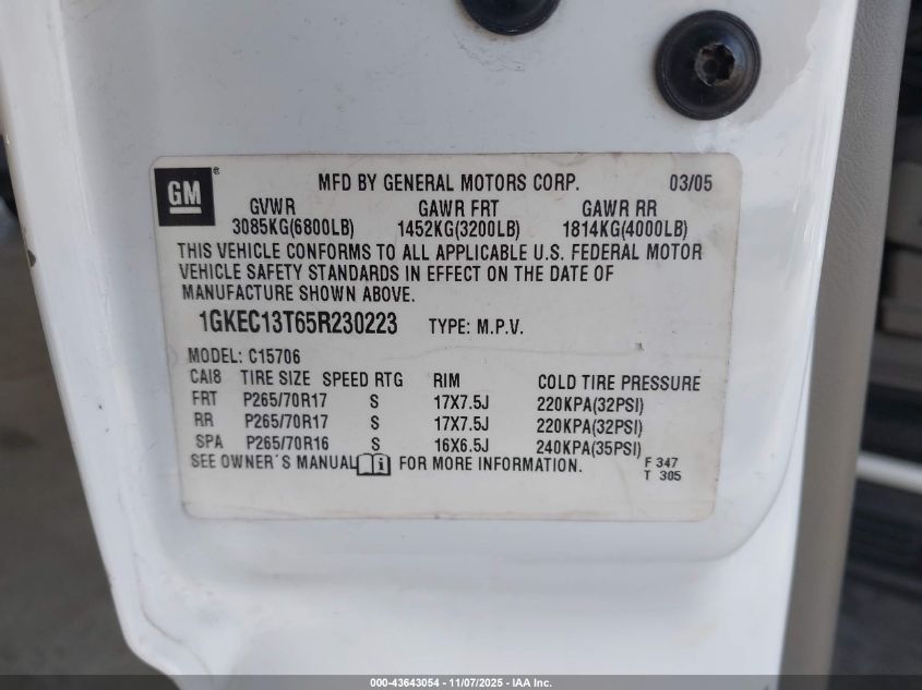 2005 GMC Yukon Slt VIN: 1GKEC13T65R230223 Lot: 43643054