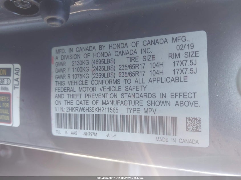 2019 HONDA CR-V LX - 2HKRW6H39KH211565