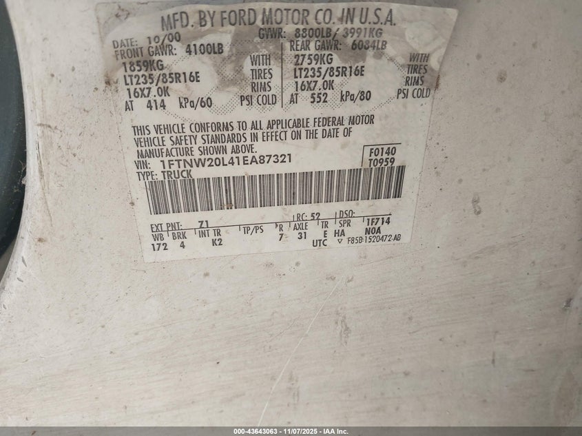 2001 Ford F-250 Lariat/Xl/Xlt VIN: 1FTNW20L41EA87321 Lot: 43643063
