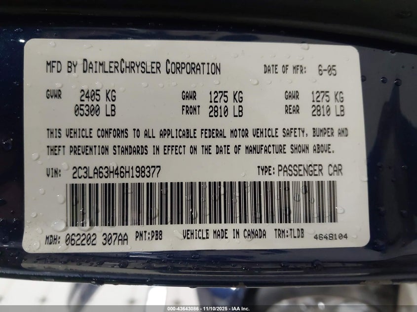 2006 Chrysler 300C VIN: 2C3LA63H46H198377 Lot: 43643086