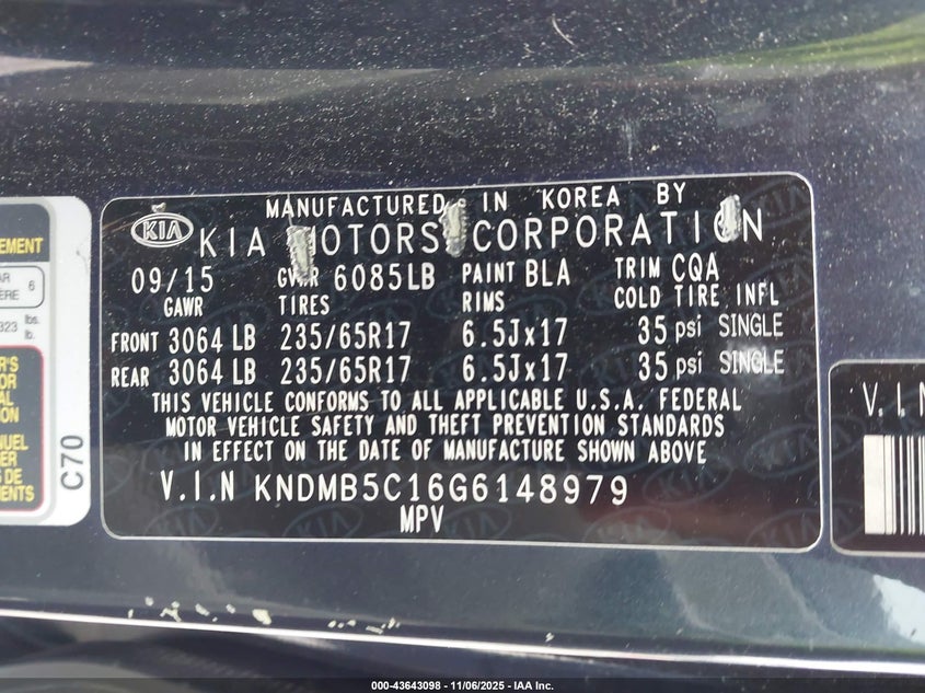2016 Kia Sedona Lx VIN: KNDMB5C16G6148979 Lot: 43643098
