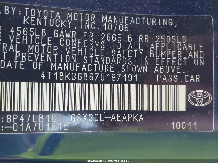 2007 Toyota Avalon Limited VIN: 4T1BK36B67U187191 Lot: 43643101
