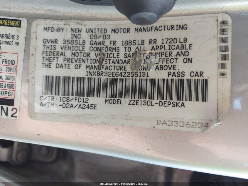 2004 Toyota Corolla S VIN: 1NXBR32E64Z256131 Lot: 43643126