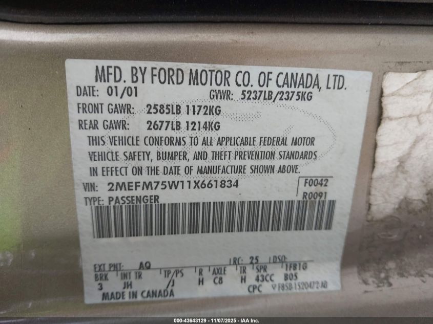 2001 Mercury Grand Marquis Ls VIN: 2MEFM75W11X661834 Lot: 43643129