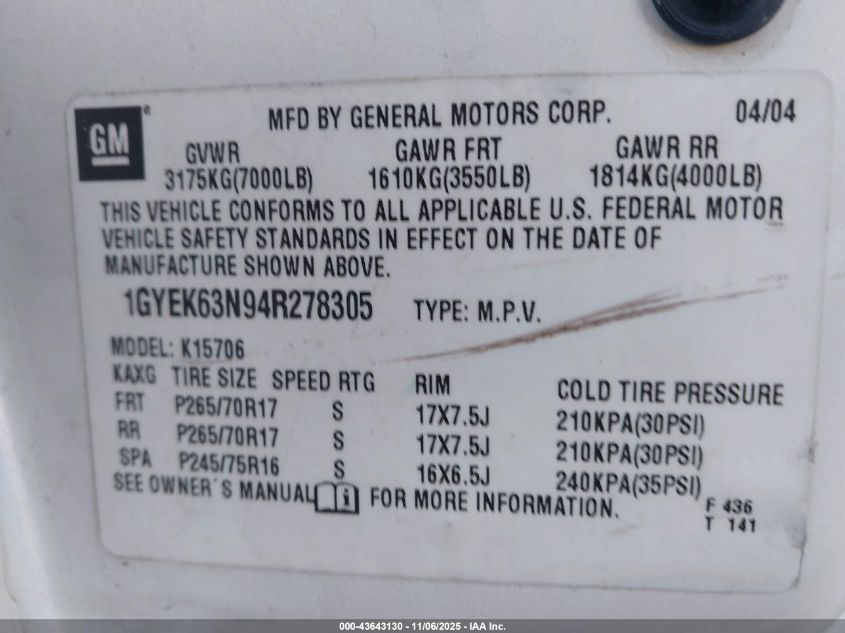 2004 Cadillac Escalade Standard VIN: 1GYEK63N94R278305 Lot: 43643130