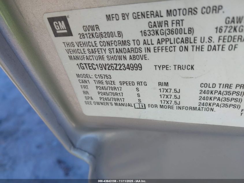2006 GMC Sierra 1500 Sle1 VIN: 1GTEC19V26Z234999 Lot: 43643156