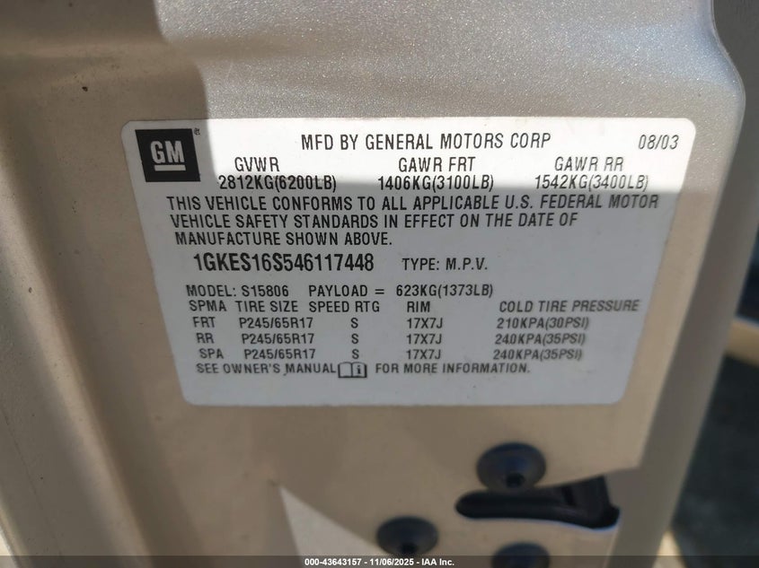 2004 GMC Envoy Xl Sle VIN: 1GKES16S546117448 Lot: 43643157