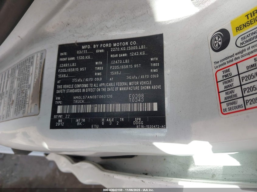 2011 Ford Transit Connect Xl VIN: NM0LS7AN0BT060126 Lot: 43643159