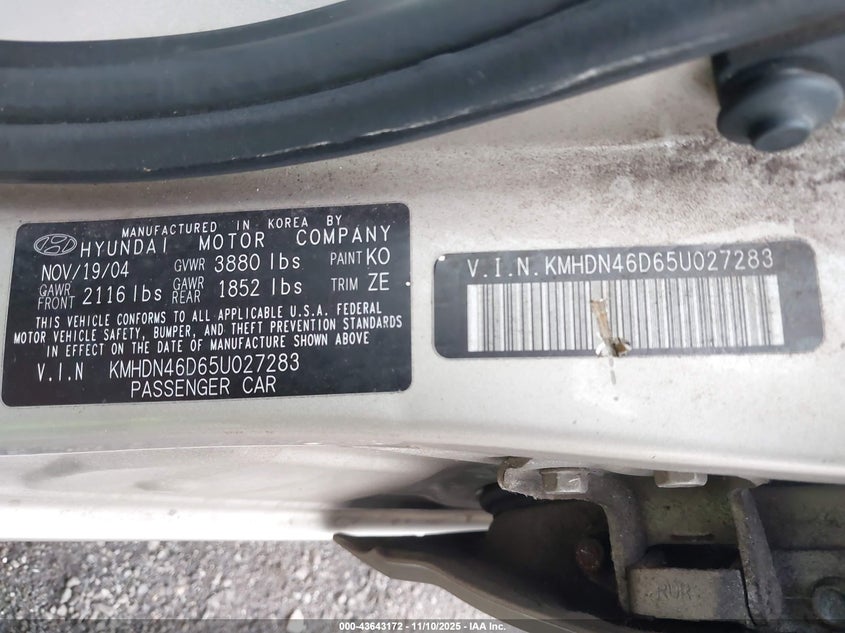 2005 Hyundai Elantra Gls/Gt VIN: KMHDN46D65U027283 Lot: 43643172