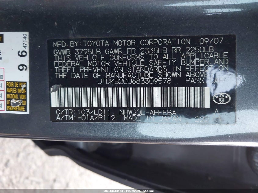 JTDKB20U683309578 2008 TOYOTA PRIUS photo no. 9