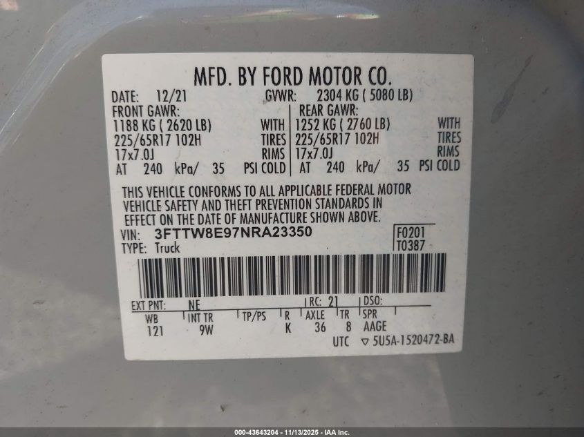 2022 Ford Maverick Xl VIN: 3FTTW8E97NRA23350 Lot: 43643204