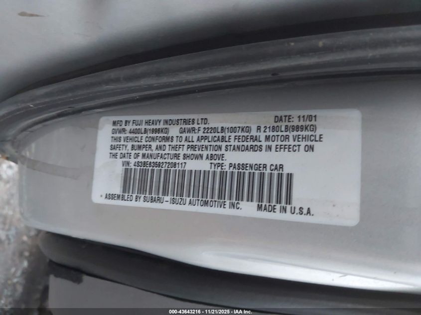 2002 Subaru Legacy L VIN: 4S3BE635927208117 Lot: 43643216