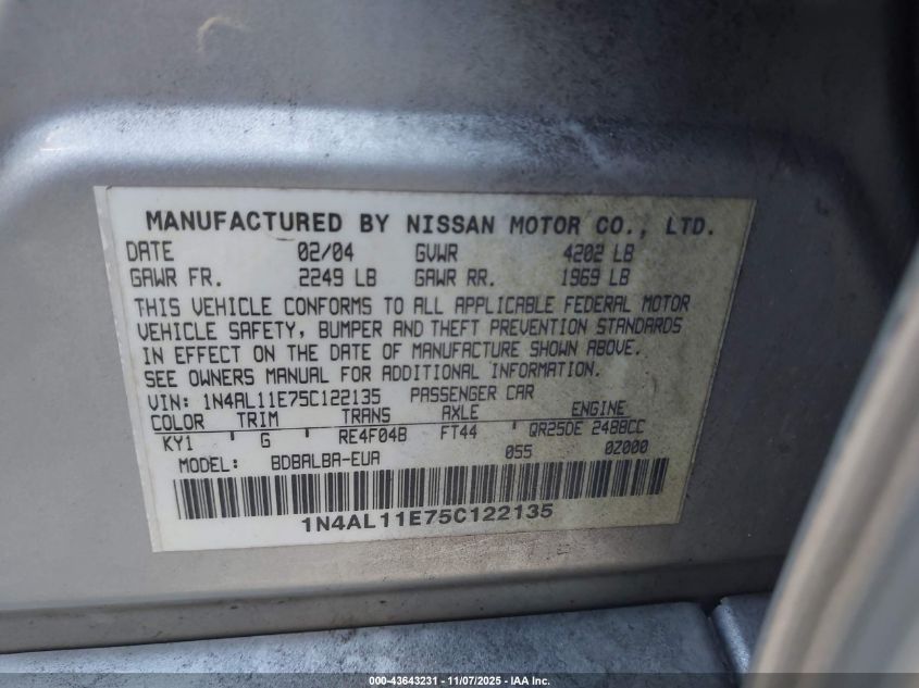 2005 Nissan Altima 2.5 S VIN: 1N4AL11E75C122135 Lot: 43643231