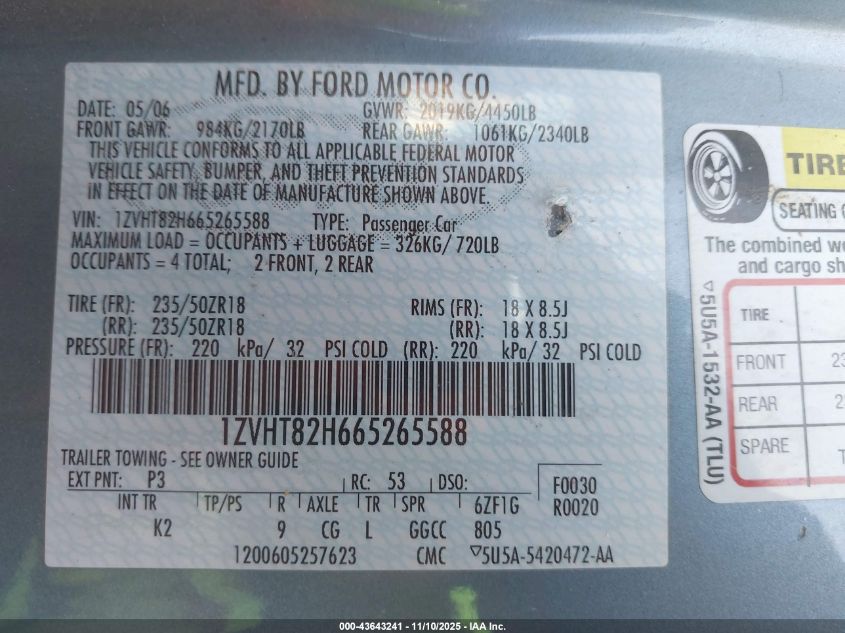 2006 Ford Mustang Gt VIN: 1ZVHT82H665265588 Lot: 43643241