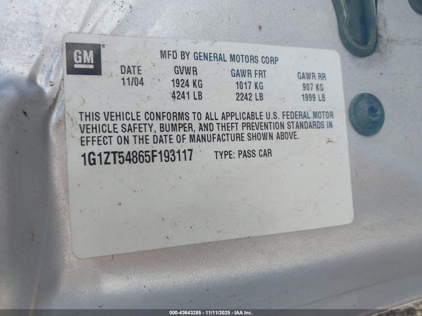2005 Chevrolet Malibu Ls VIN: 1G1ZT54865F193117 Lot: 43643285