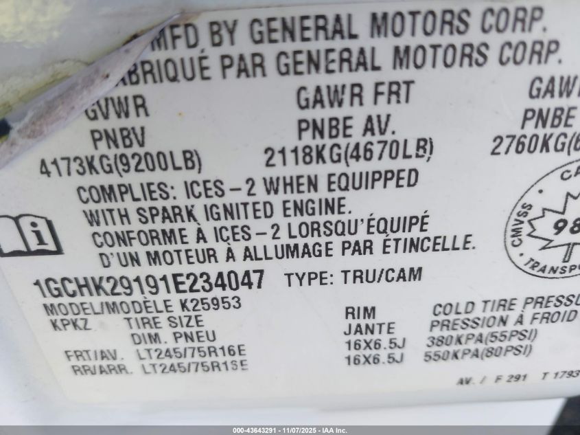 2001 Chevrolet Silverado 2500Hd Ls/Lt VIN: 1GCHK29191E234047 Lot: 43643291