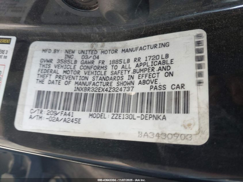 2004 Toyota Corolla Le VIN: 1NXBR32EX4Z324737 Lot: 43643304