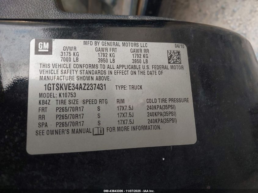 2010 GMC Sierra K1500 Sle VIN: 1GTSKVE34AZ237431 Lot: 43643306