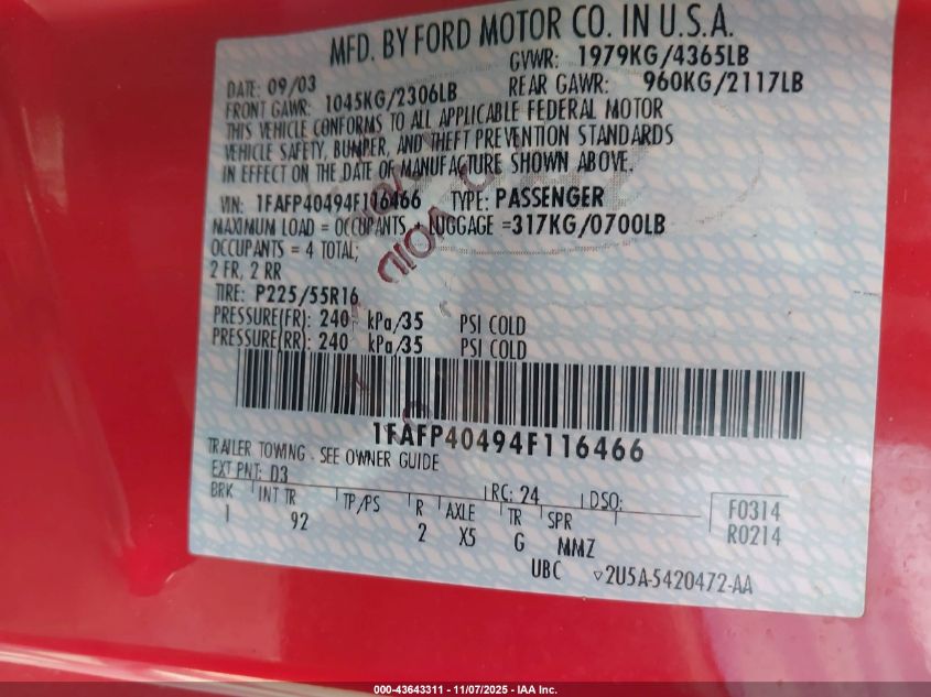 2004 Ford Mustang VIN: 1FAFP40494F116466 Lot: 43643311