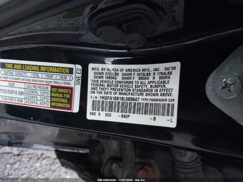 2008 Honda Civic Ex VIN: 1HGFA16818L089647 Lot: 43643326