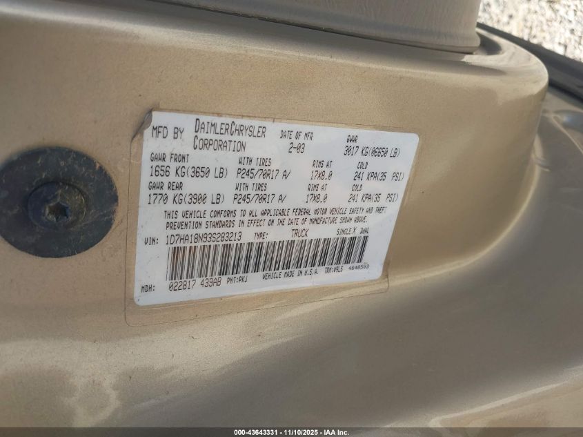 2003 Dodge Ram 1500 Slt/Laramie/St VIN: 1D7HA18N93S283213 Lot: 43643331