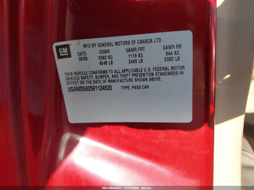 2006 Buick Lacrosse Cxl VIN: 2G4WD582561124520 Lot: 43643341