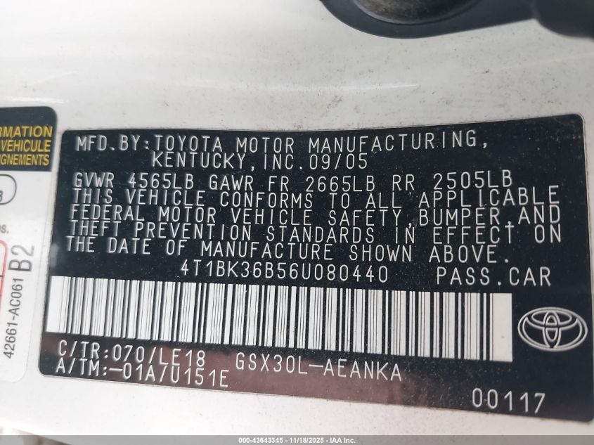 2006 Toyota Avalon Touring VIN: 4T1BK36B56U080440 Lot: 43643345