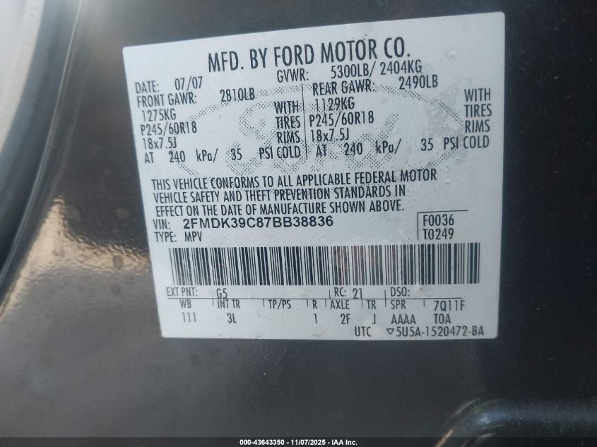 2007 Ford Edge Sel Plus VIN: 2FMDK39C87BB38836 Lot: 43643350