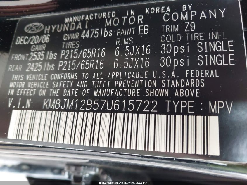 2007 Hyundai Tucson Gls VIN: KM8JM12B57U615722 Lot: 43643363