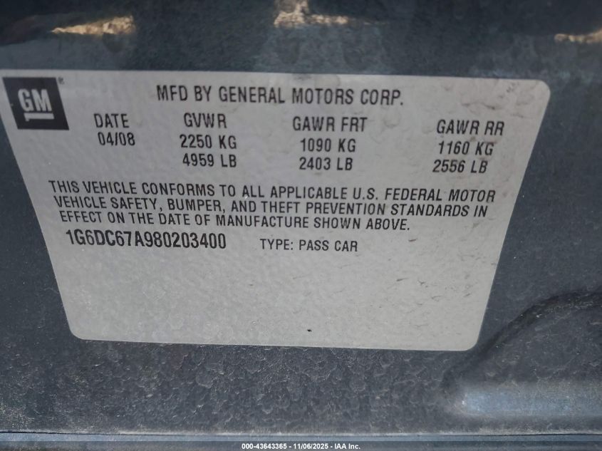 2008 Cadillac Sts V8 VIN: 1G6DC67A980203400 Lot: 43643365