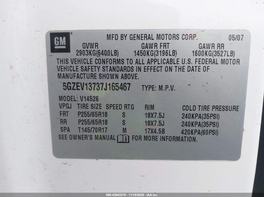 2007 Saturn Outlook Xe VIN: 5GZEV13737J165467 Lot: 43643379