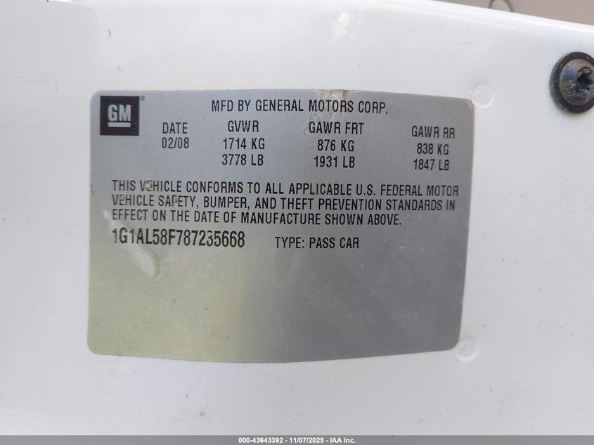 2008 Chevrolet Cobalt Lt VIN: 1G1AL58F787235668 Lot: 43643392
