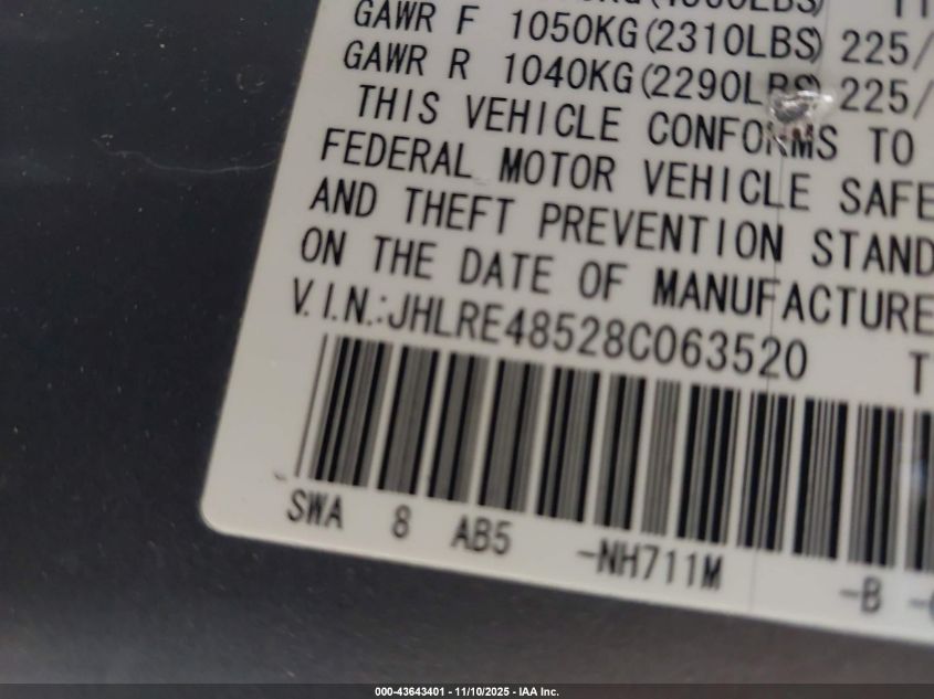 2008 Honda Cr-V Ex VIN: JHLRE48528C063520 Lot: 43643401