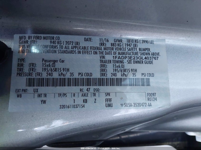 1FADP3E23GL403767 2016 FORD FOCUS photo no. 9