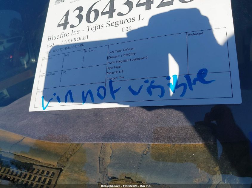 1985 Chevrolet C20 VIN: 1GCGC24M4FF436581 Lot: 43643428